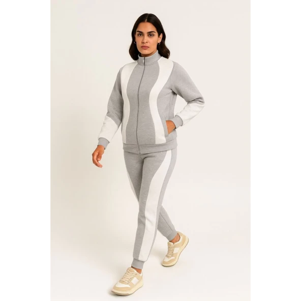 Premium Parçalı Eşofman Takım - Dik Yaka Fermuarlı Sweatshirt - Gri - 2