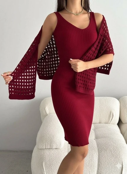 Lucky Life Kadın Uzun Kollu Delikli Kazak Askılı Elbise Triko Ikili Takım - 4
