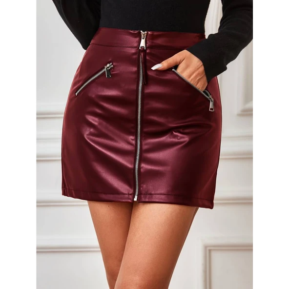 Lucky Life Kadın Yüksek Bel Fermuarlı Mini Deri Etek - 2