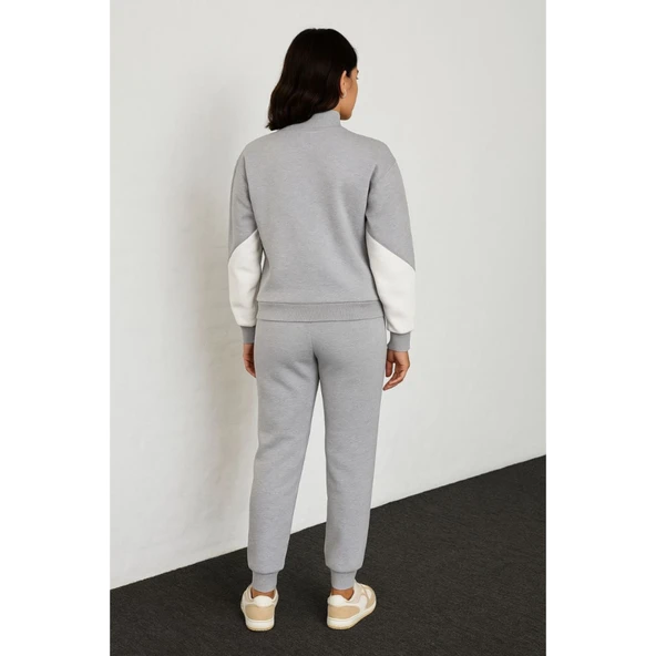Premium Parçalı Eşofman Takım - Dik Yaka Fermuarlı Sweatshirt - Gri - 3