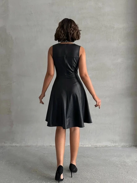 Kare yaka deri elbise siyah h24442 - 4