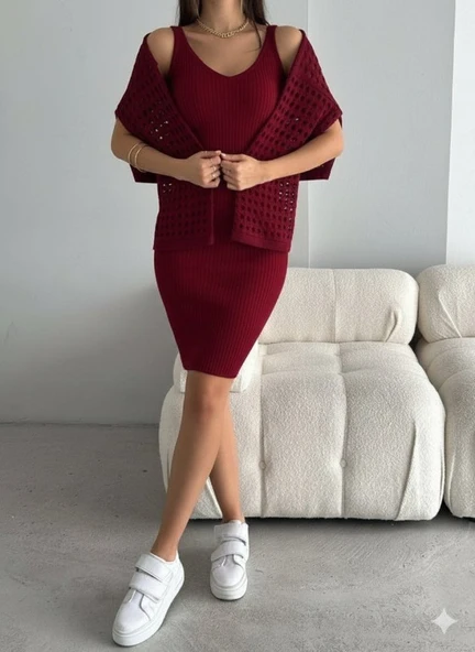 Lucky Life Kadın Uzun Kollu Delikli Kazak Askılı Elbise Triko Ikili Takım - 6