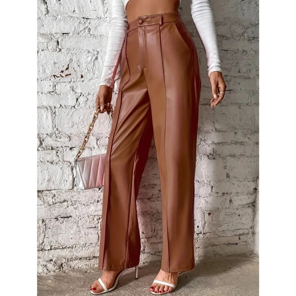 Lucky Life Kadın önden Fermuarlı Cepli Geniş Kesim Lame Deri Pantolon ürün görseli