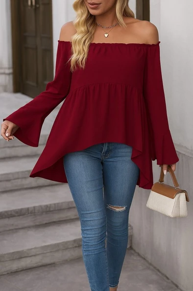 Lucky Life Kadın Uzun Kollu Madonna Yaka Asimetrik Detaylı Kolları Ispanyol Viskon Bluz - Resim 3