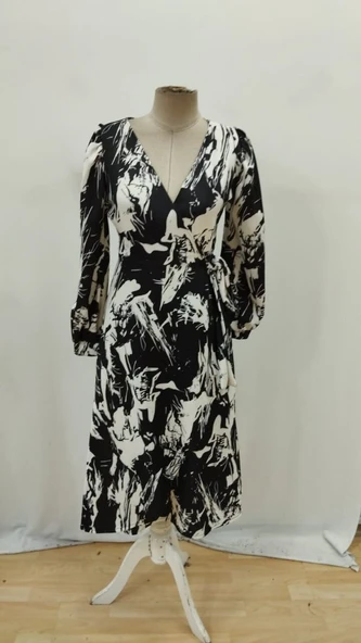 Lucky Life Kadın Uzun Kollu Kruvaze Yakalı Yandan Bağlamalı Desenli Mini Modal Elbise - Resim 7