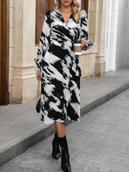 Lucky Life Kadın Uzun Kollu Kruvaze Yakalı Yandan Bağlamalı Desenli Mini Modal Elbise - Resim 5