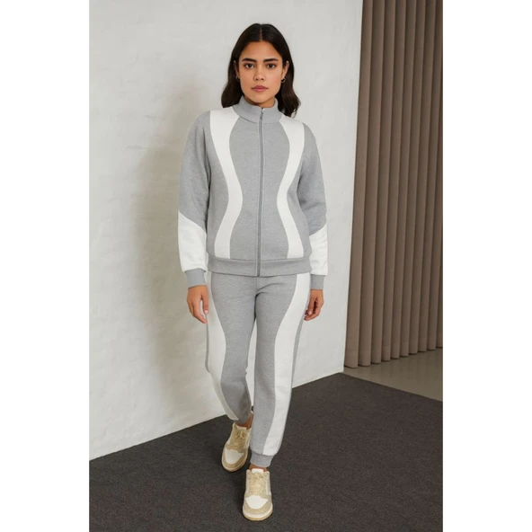Premium Parçalı Eşofman Takım - Dik Yaka Fermuarlı Sweatshirt - Gri