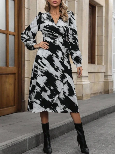 Lucky Life Kadın Uzun Kollu Kruvaze Yakalı Yandan Bağlamalı Desenli Mini Modal Elbise - Resim 8