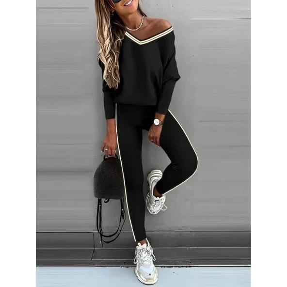 Lucky Life Kadın Uzun Kollu Tek Omuzu Açık Detaylı Viskon Iki Iplik Bluz Ve Pantolon Ikili Takım - Resim 3