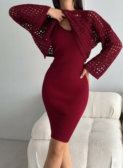 Lucky Life Kadın Uzun Kollu Delikli Kazak Askılı Elbise Triko Ikili Takım - 2