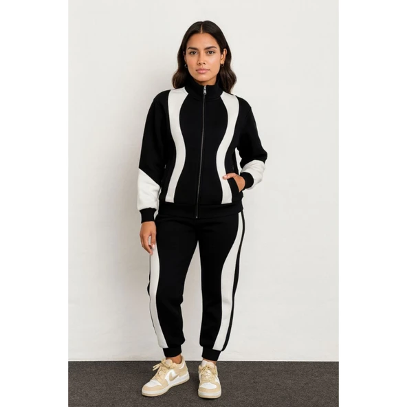 Premium Parçalı Eşofman Takım - Dik Yaka Fermuarlı Sweatshirt - Siyah - 4