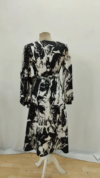 Lucky Life Kadın Uzun Kollu Kruvaze Yakalı Yandan Bağlamalı Desenli Mini Modal Elbise - Resim 8