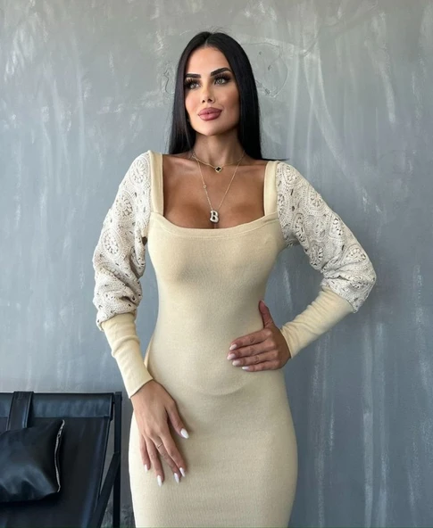 Lucky Life Kadın Kare Yaka Kolları Manşet Ve Tül Detay Fırsat ürün Midi Boy Elbise ürün görseli 1