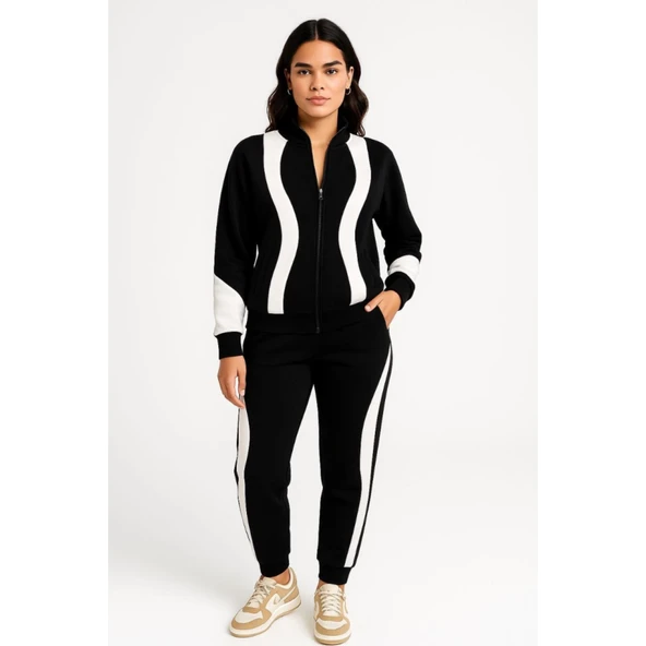 Premium Parçalı Eşofman Takım - Dik Yaka Fermuarlı Sweatshirt - Siyah - 3