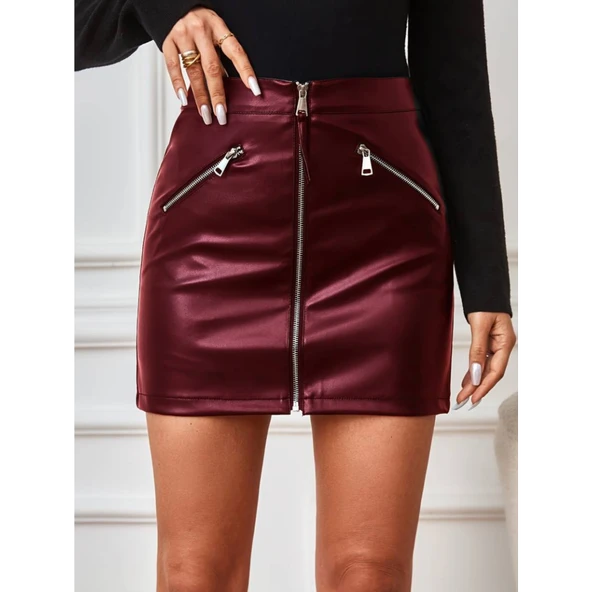 Lucky Life Kadın Yüksek Bel Fermuarlı Mini Deri Etek - 3