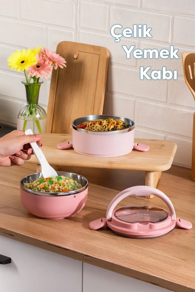 Porsima 66732-1 Stainless Steel Vakumlu Lunch Box İki Katlı Paslanmaz Çelik Kolay Kilitlenir Kendinden Kaşıklı Sefer Tası – 1000ml Pembe ürün görseli