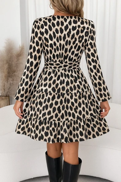 Lucky Life Kadın Uzun Kollu Kruvaze Yaka Desenli Mini Modal Elbise ürün görseli 1