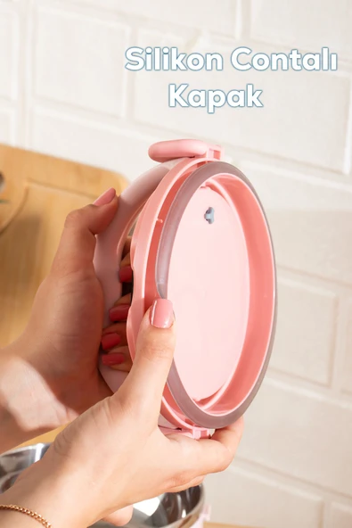 Porsima 66732-1 Stainless Steel Vakumlu Lunch Box İki Katlı Paslanmaz Çelik Kolay Kilitlenir Kendinden Kaşıklı Sefer Tası – 1000ml Pembe - Resim 2