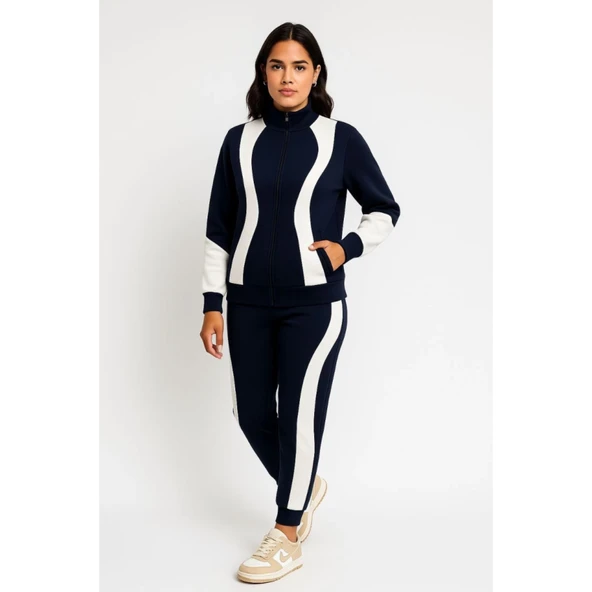 Premium Parçalı Eşofman Takım - Dik Yaka Fermuarlı Sweatshirt - Siyah