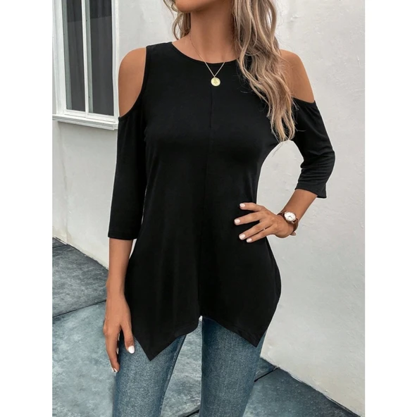 Lucky Life Kadın Omuzlardan Açık Sıfır Yaka Asimetrik Kesim Detay Viskon Bluz - 6