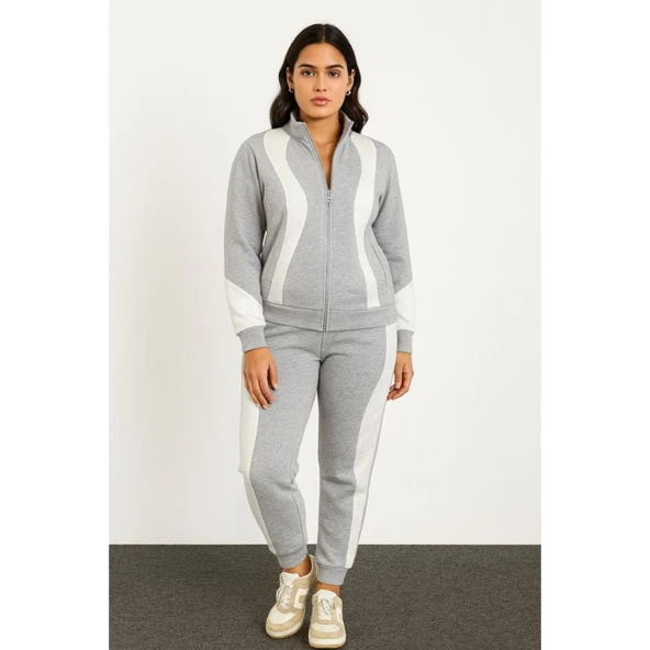 Premium Parçalı Eşofman Takım - Dik Yaka Fermuarlı Sweatshirt - Gri - 4