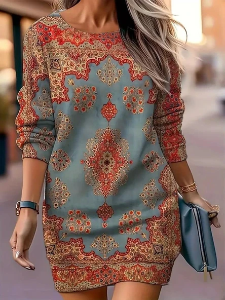 Lucky Life Kadın Uzun Kollu Yuvarlak Yaka Desenli Mini Modal Elbise - Resim 3