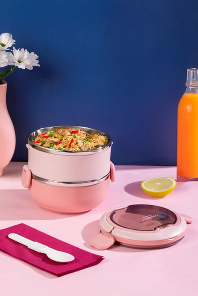 Porsima 66732-1 Stainless Steel Vakumlu Lunch Box İki Katlı Paslanmaz Çelik Kolay Kilitlenir Kendinden Kaşıklı Sefer Tası – 1000ml Pembe - Resim 3