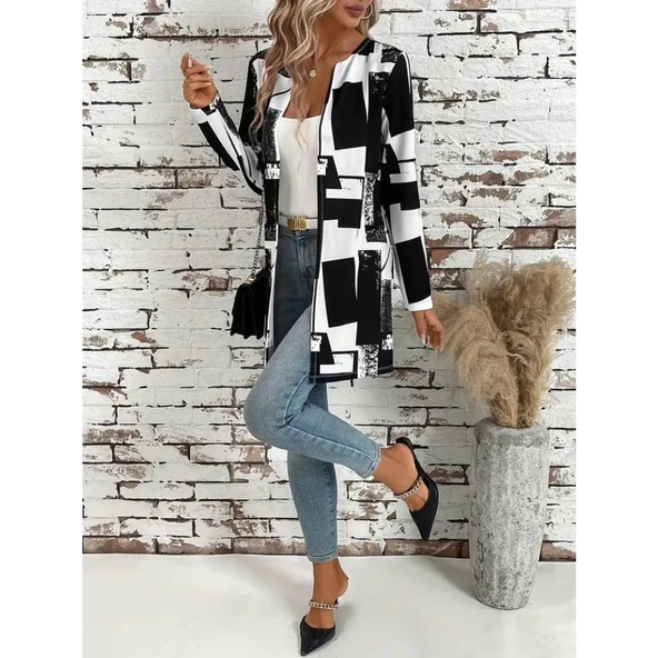 Lucky Life Kadın Uzun Kollu önü Açık Desenli Modal Kısa Ceket - 4