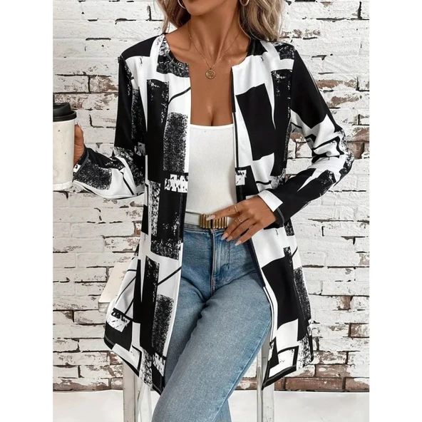 Lucky Life Kadın Uzun Kollu önü Açık Desenli Modal Kısa Ceket - 5
