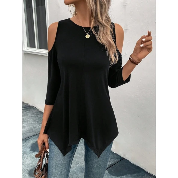 Lucky Life Kadın Omuzlardan Açık Sıfır Yaka Asimetrik Kesim Detay Viskon Bluz - 3