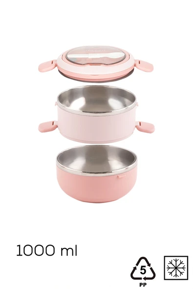 Porsima 66732-1 Stainless Steel Vakumlu Lunch Box İki Katlı Paslanmaz Çelik Kolay Kilitlenir Kendinden Kaşıklı Sefer Tası – 1000ml Pembe - Resim 5