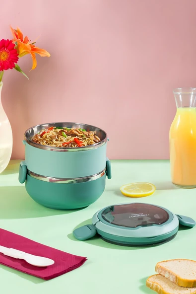 Porsima 66732-2 Stainless Steel Vakumlu Lunch Box İki Katlı Paslanmaz Çelik Kolay Kilitlenir Kendinden Kaşıklı Sefer Tası – 1000ml Yeşil - Resim 3