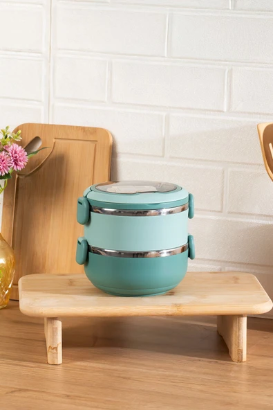 Porsima 66732-2 Stainless Steel Vakumlu Lunch Box İki Katlı Paslanmaz Çelik Kolay Kilitlenir Kendinden Kaşıklı Sefer Tası – 1000ml Yeşil - Resim 4