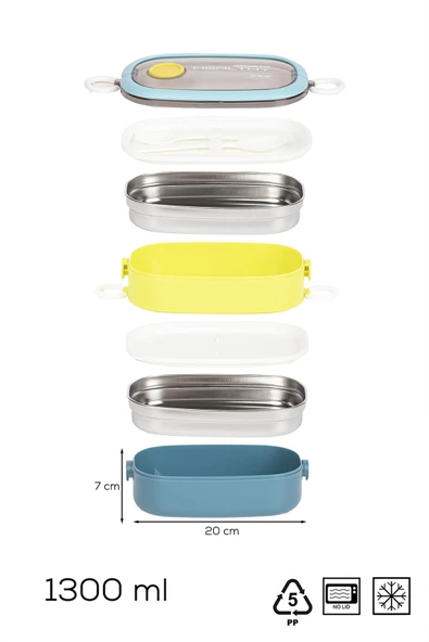Porsima 66729 Stainless Steel Vakumlu Lunch Box İki Katlı Paslanmaz Çelik Kolay Kilitlenir Kendinden Kaşıklı Sefer Tası – 1300ml Mavi-Sarı - Resim 5