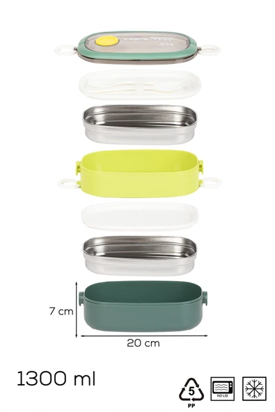 Porsima 66729-2 Stainless Steel Vakumlu Lunch Box İki Katlı Paslanmaz Çelik Kolay Kilitlenir Kendinden Kaşıklı Sefer Tası – 1300ml Yeşil-Sarı - Resim 5