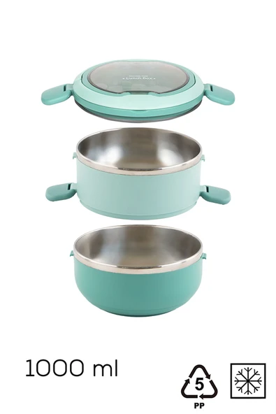Porsima 66732-2 Stainless Steel Vakumlu Lunch Box İki Katlı Paslanmaz Çelik Kolay Kilitlenir Kendinden Kaşıklı Sefer Tası – 1000ml Yeşil - Resim 5