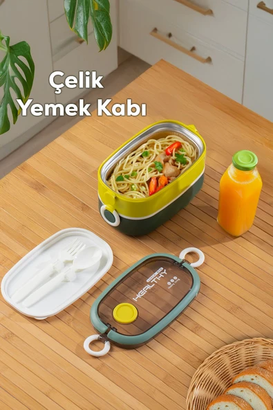 Porsima 66729-2 Stainless Steel Vakumlu Lunch Box İki Katlı Paslanmaz Çelik Kolay Kilitlenir Kendinden Kaşıklı Sefer Tası – 1300ml Yeşil-Sarı ürün görseli 1