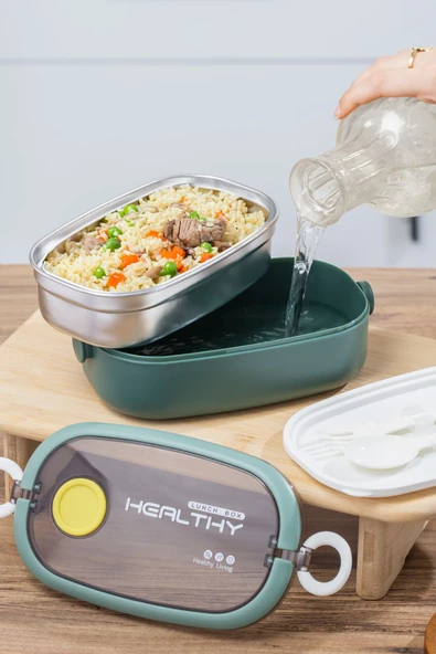 Porsima 66729-2 Stainless Steel Vakumlu Lunch Box İki Katlı Paslanmaz Çelik Kolay Kilitlenir Kendinden Kaşıklı Sefer Tası – 1300ml Yeşil-Sarı - Resim 2