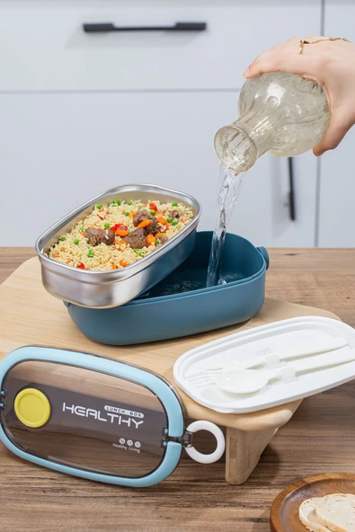 Porsima 66729 Stainless Steel Vakumlu Lunch Box İki Katlı Paslanmaz Çelik Kolay Kilitlenir Kendinden Kaşıklı Sefer Tası – 1300ml Mavi-Sarı - Resim 2