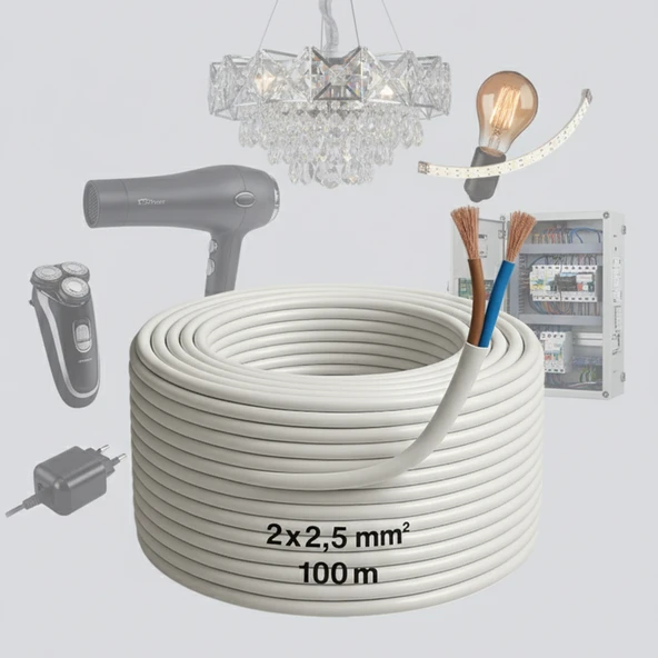 CCA Çok Telli Kablo 2x2.5 mm 100 Metre Elektrik Kablosu Topraklama Yok Alüminyum Alışım Beyaz Renk - Resim 3