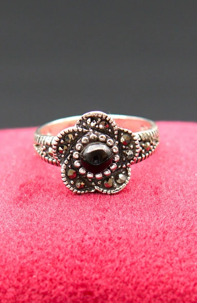 925 Ayar Kadın Gümüş Oltu Taşı Yüzük sy00066 - Resim 2