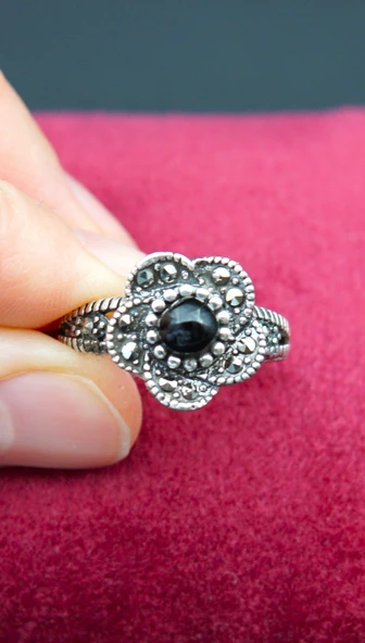 925 Ayar Kadın Gümüş Oltu Taşı Yüzük sy00066 - Resim 4