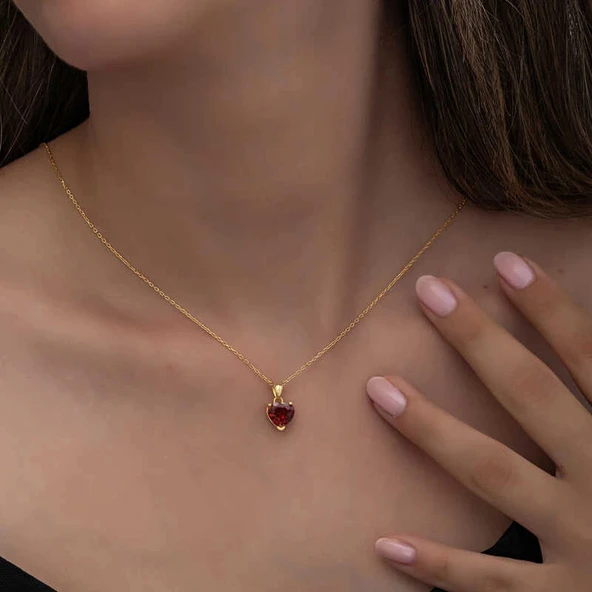 Supertrend Gümüş Gold Kırmızı Taşlı Kalpli Kadın Kolye - Resim 5