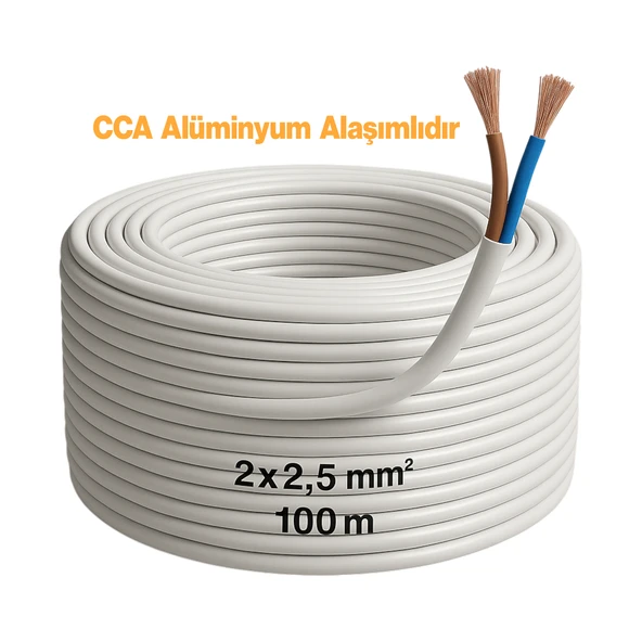 CCA Çok Telli Kablo 2x2.5 mm 100 Metre Elektrik Kablosu Topraklama Yok Alüminyum Alışım Beyaz Renk - Resim 4