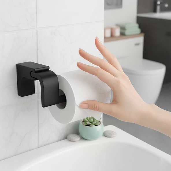 Siyah Lüx Kapaksız WC Kağıt Aparatı Vidalı Paslanmaz Metal Duvar Tuvalet Kağıtlık Banyo Aksesuarı - Resim 5