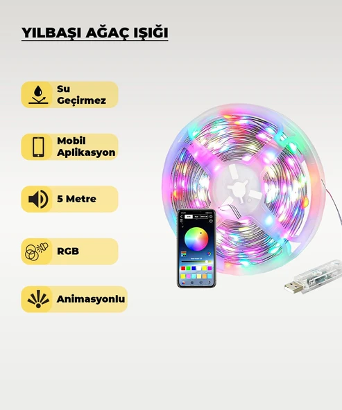 Yılbaşı Ağacı Şerit Led - 10 Metre- Telefondan Kontrol - Ses Duyarlı ürün görseli