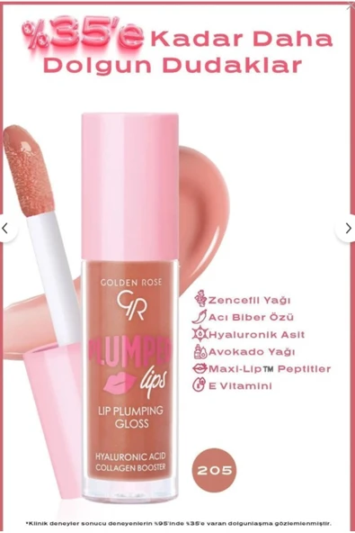 GOLDEN ROSE Plumped Lips Plumping Lipgloss 205 Dolgunlaştırıcı & Nemlendirici Dudak Parlatıcısı 4.7 ml ürün görseli