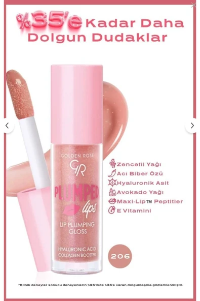 GOLDEN ROSE Plumped Lips Plumping Lipgloss 206 Dolgunlaştırıcı & Nemlendirici Dudak Parlatıcısı 4.7 ml
