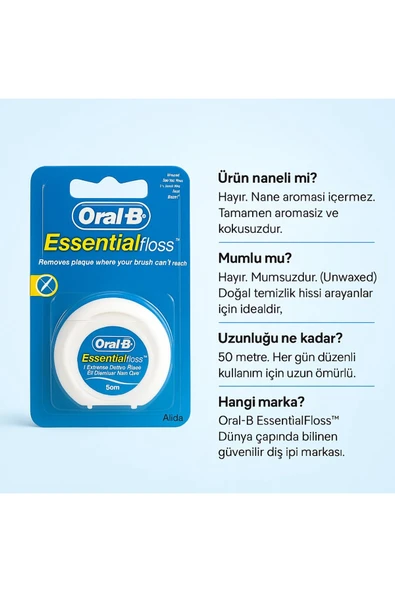 ORAL-B EssentialFloss 50m Mumsuz Diş İpi - Nanesiz Unwaxed Diş Arası Temizleyici - 3