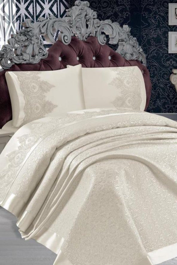 Lena Fransız Güpürlü Brokar Pike Takımı Krem - Resim 4